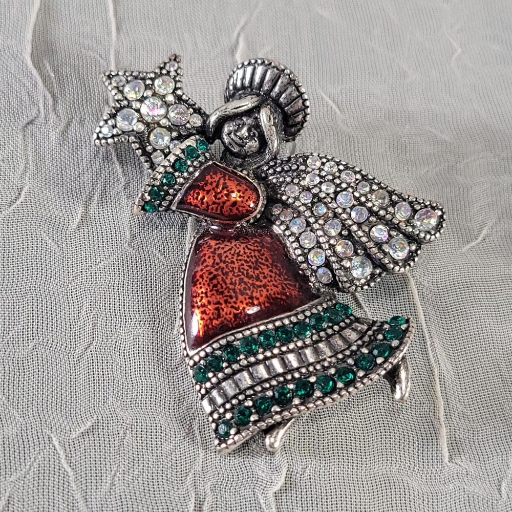 Tanya Creations Christmas Angel Brooch Women Silver Red Green Rhinestone Star